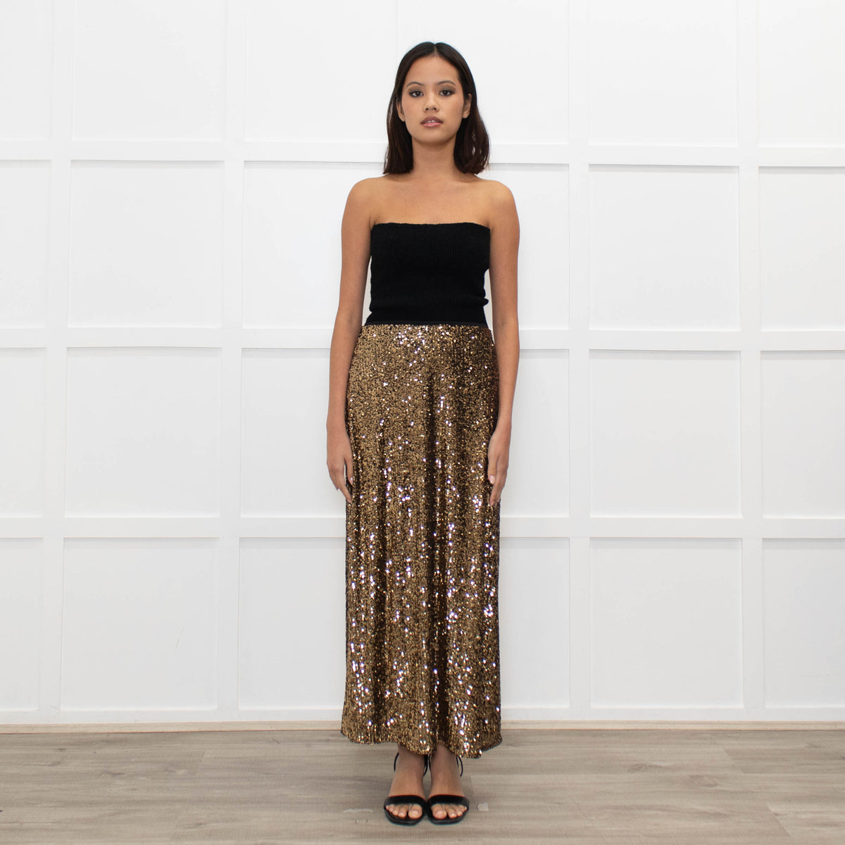 Cefinn Gold Sequin Midi Skirt
