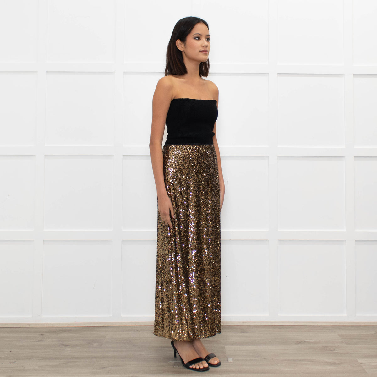 Cefinn Gold Sequin Midi Skirt