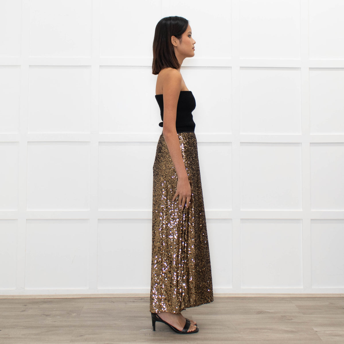 Cefinn Gold Sequin Midi Skirt
