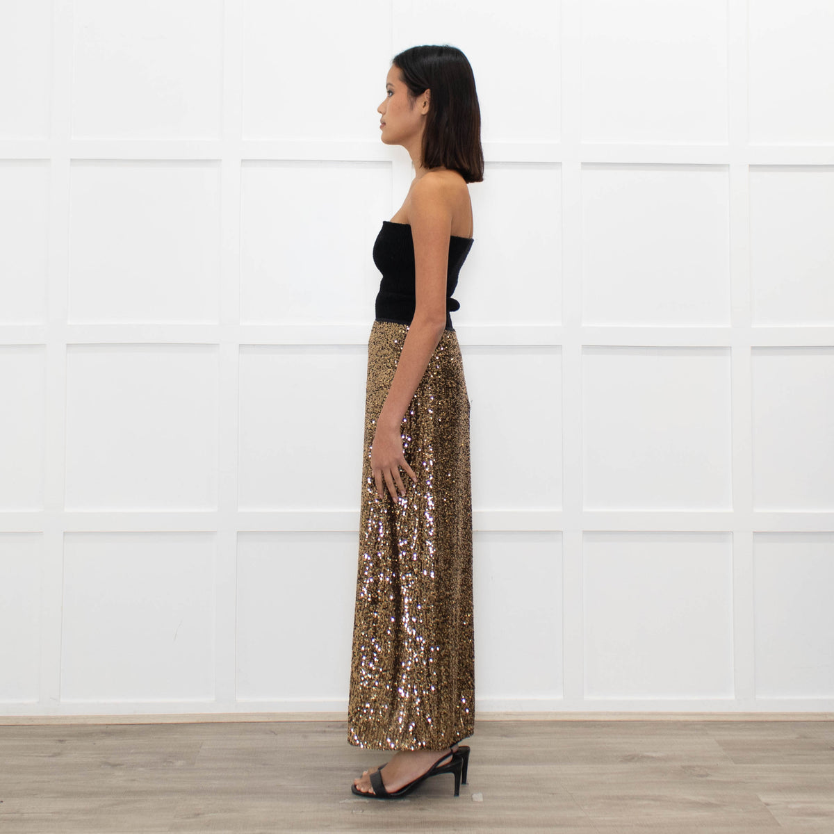 Cefinn Gold Sequin Midi Skirt