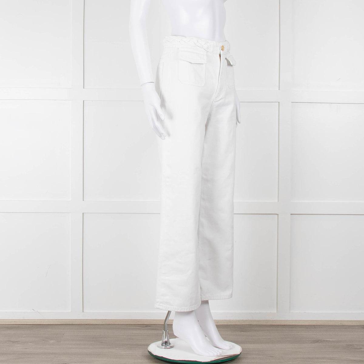 Sandro White Denim Braided Waist Front Pocket Detail Wide Leg Jeans