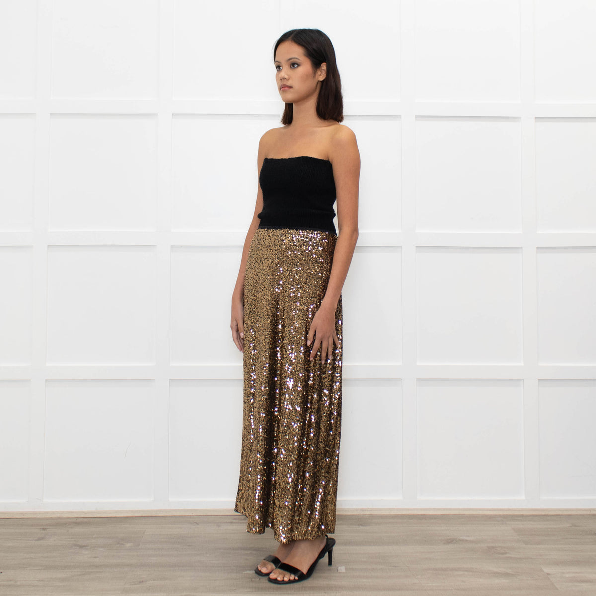Cefinn Gold Sequin Midi Skirt