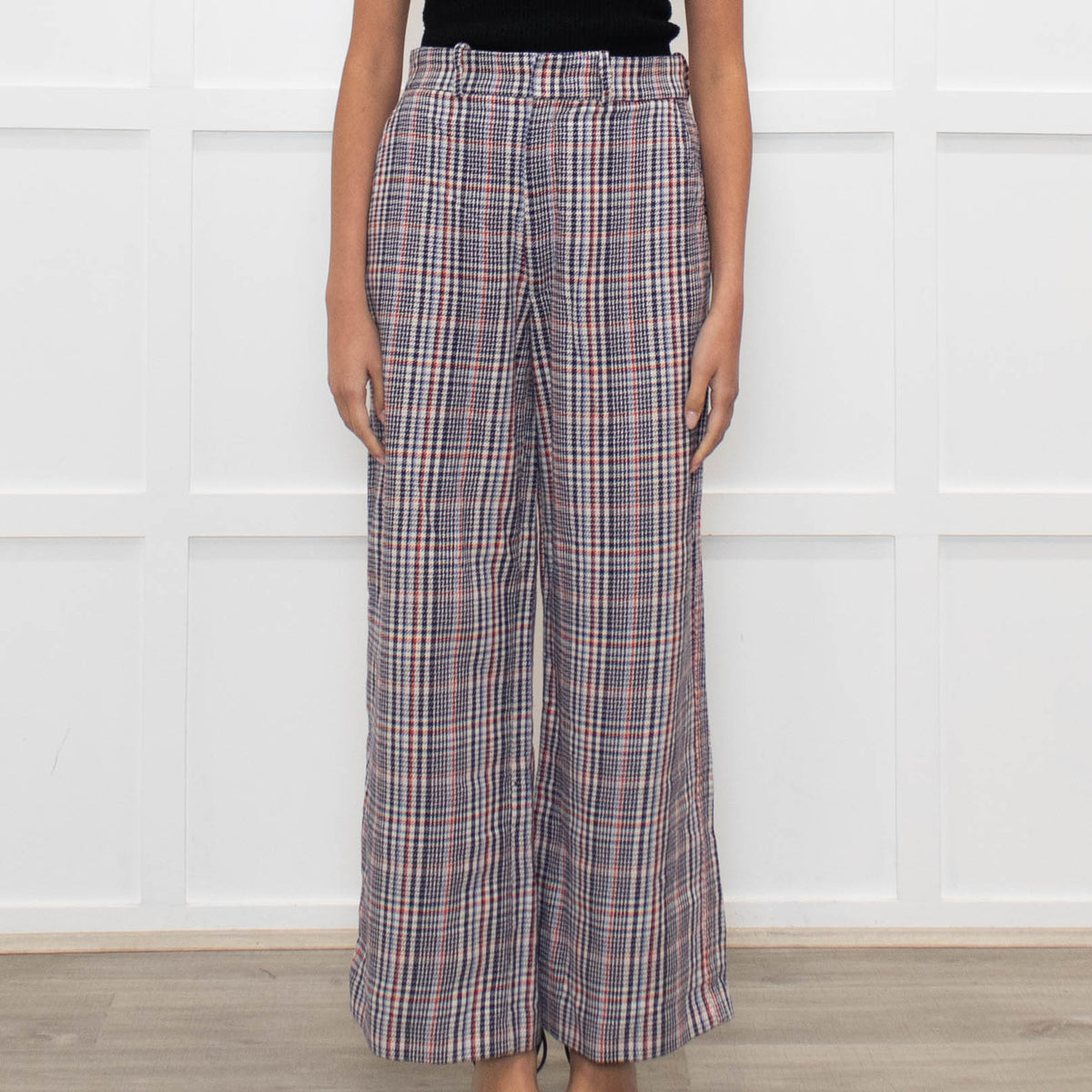 Joseph Cream Blue Red Mix Check Wide Leg Trousers