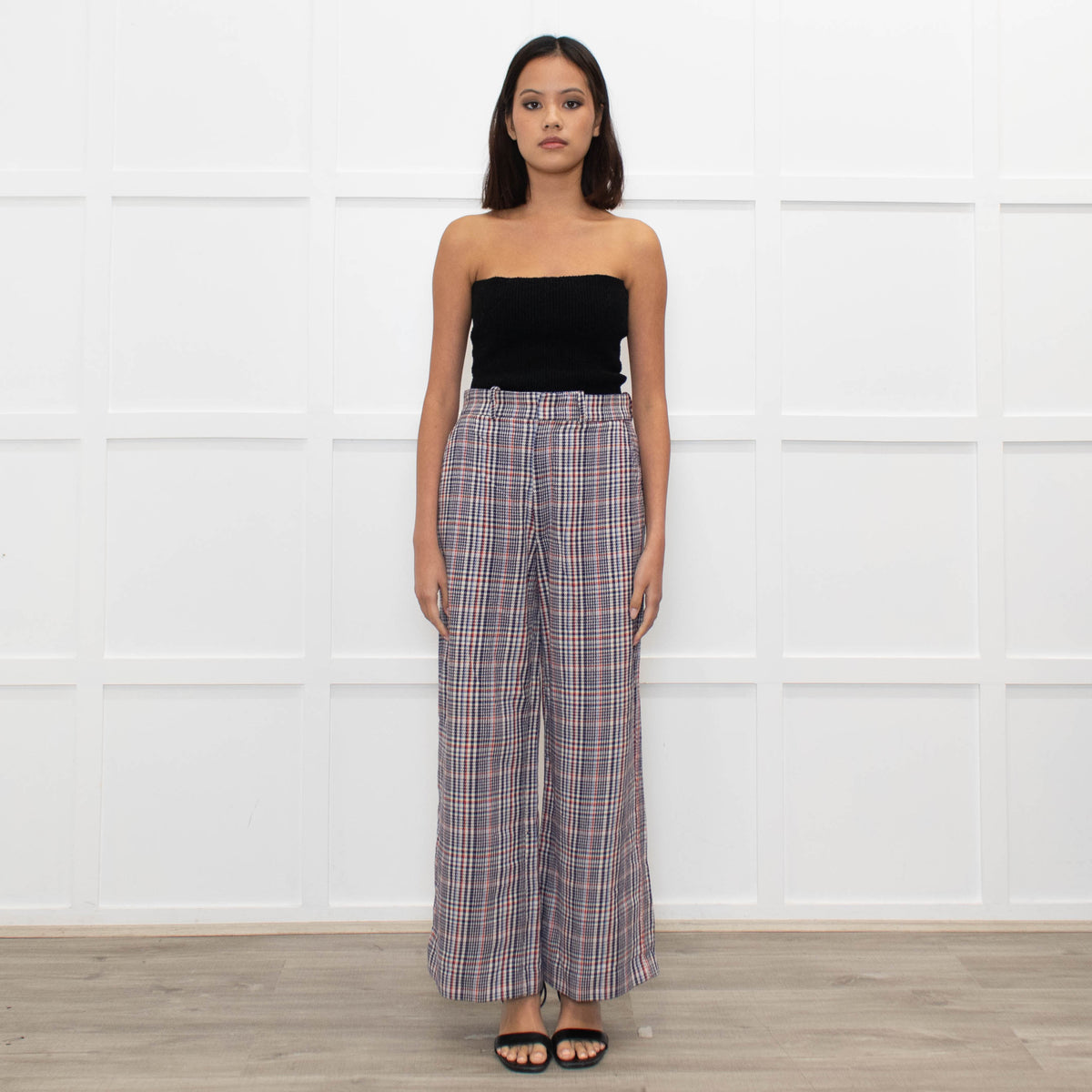 Joseph Cream Blue Red Mix Check Wide Leg Trousers