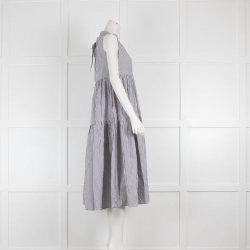 Asceno Grey Stripped Sleeveless Frill Cotton Midi Dress