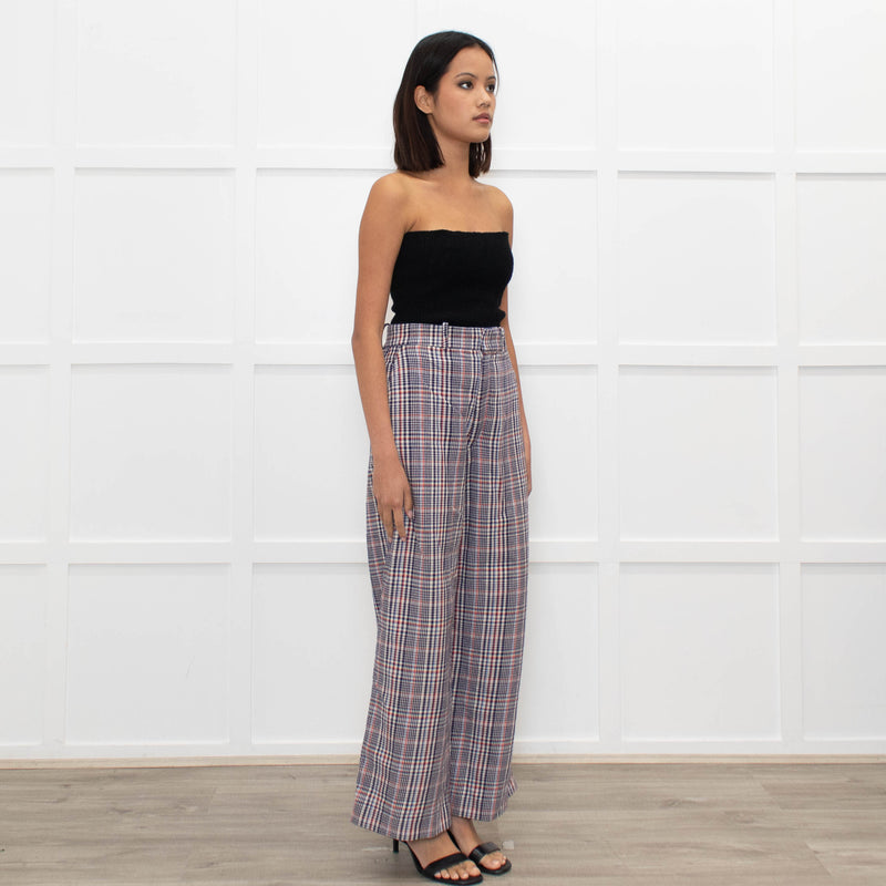 Joseph Cream Blue Red Mix Check Wide Leg Trousers