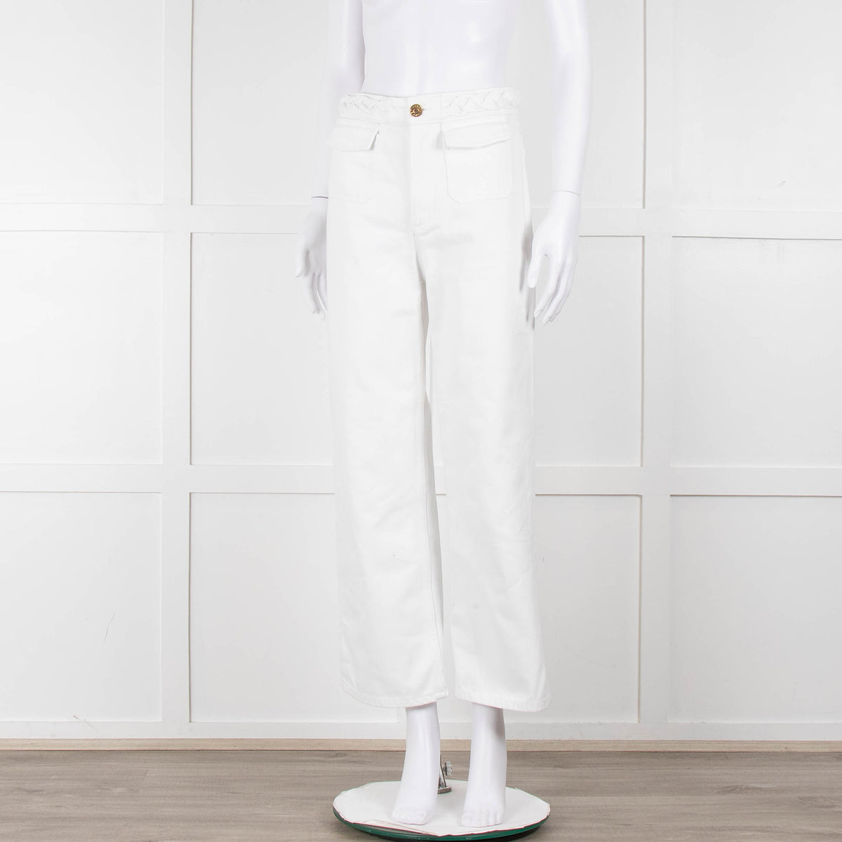 Sandro White Denim Braided Waist Front Pocket Detail Wide Leg Jeans