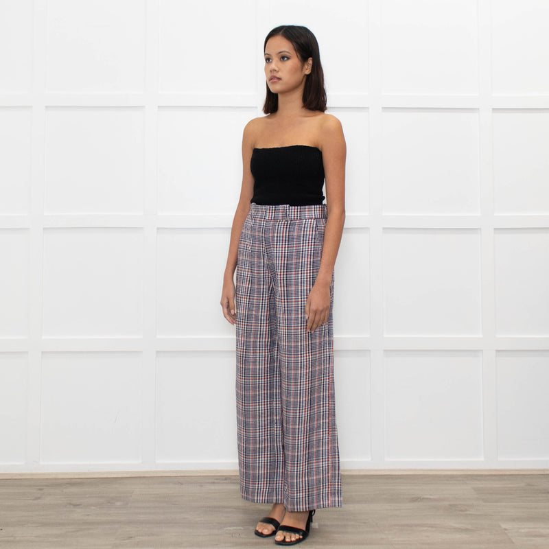 Joseph Cream Blue Red Mix Check Wide Leg Trousers