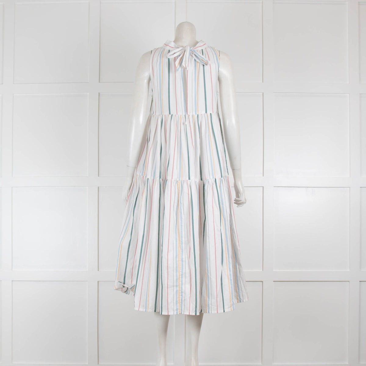 ASCENO Striped Cotton High Neck Tie Back Dress