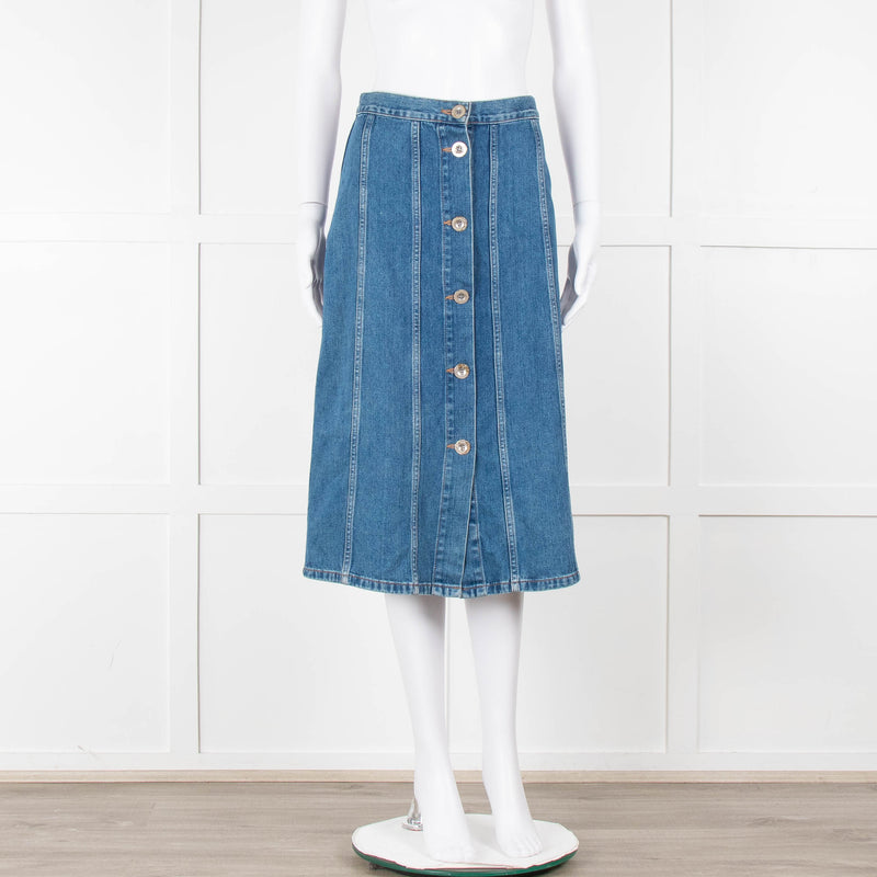 M.i.h Jeans Blue Denim Silver Front Button Detail Midi Skirt