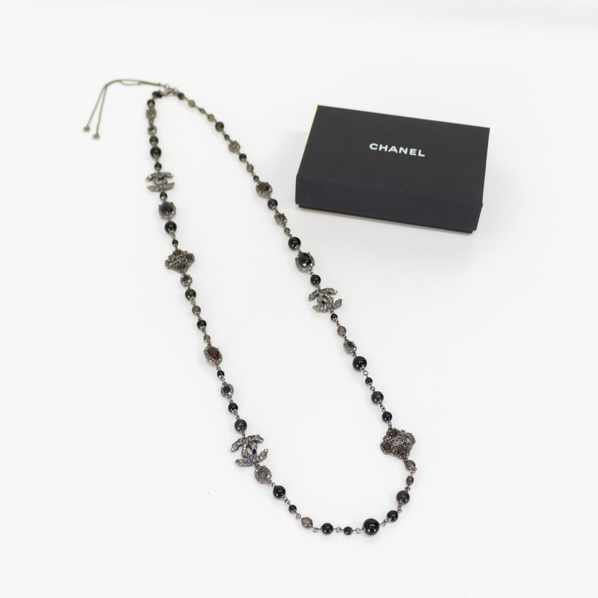 Chanel Gunmetal Silver Pearl Diamante CC Long Necklace