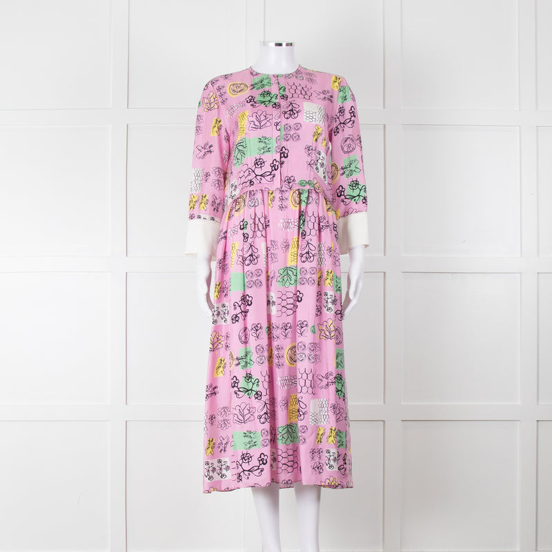 Marni Pink Silk Patterned Dress With White Cuffs