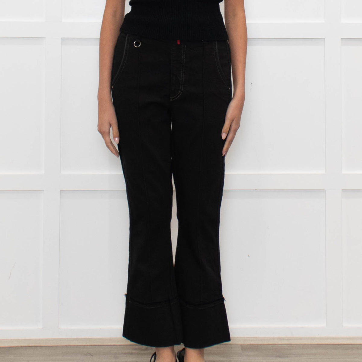 High Black Denim Flared Trousers