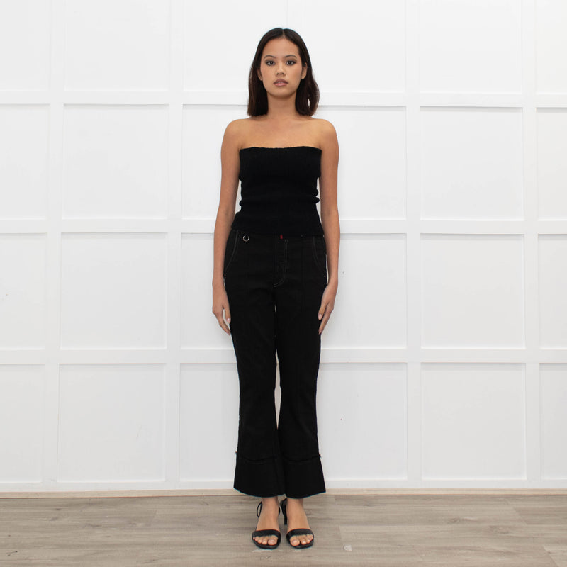 High Black Denim Flared Trousers