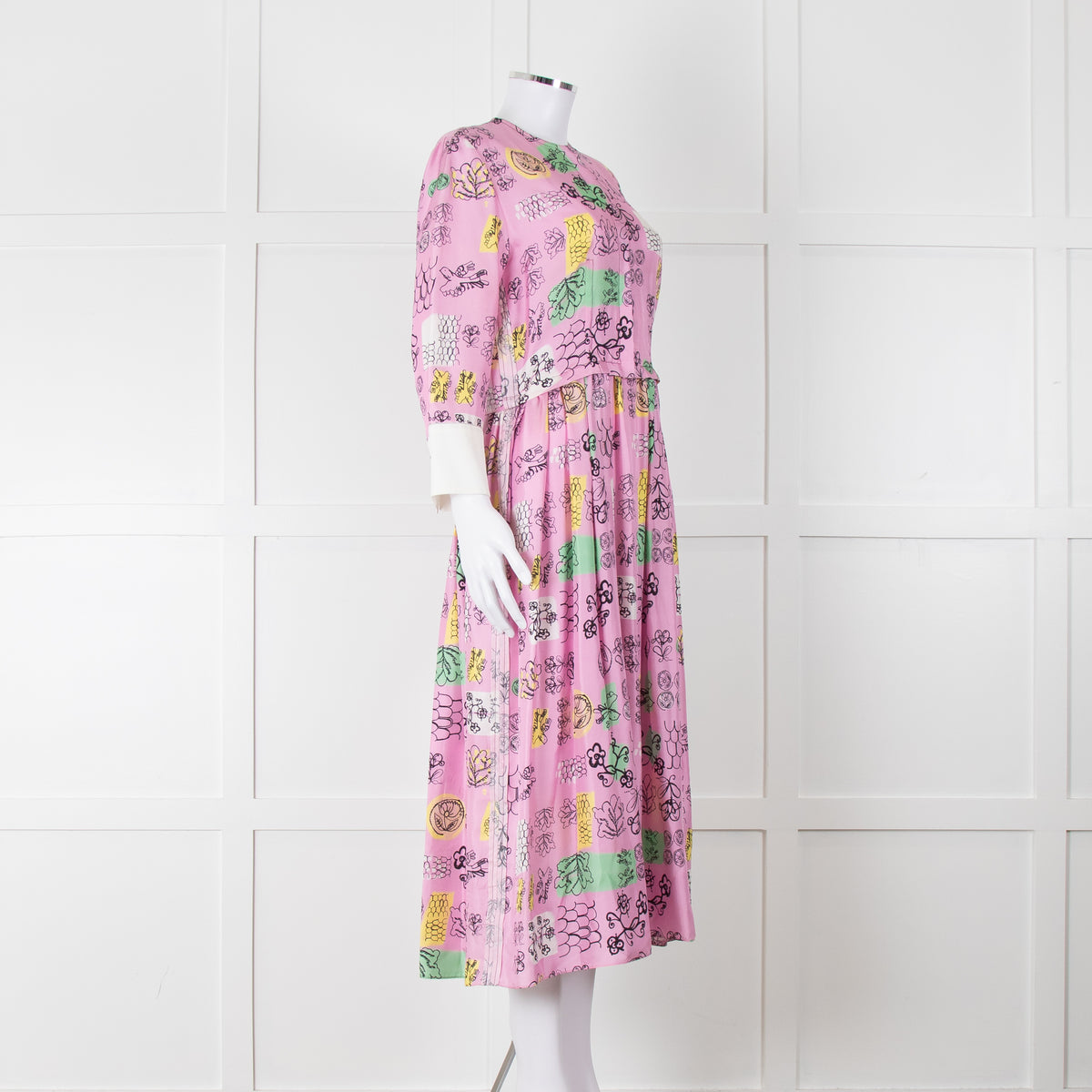 Marni Pink Silk Patterned Dress With White Cuffs
