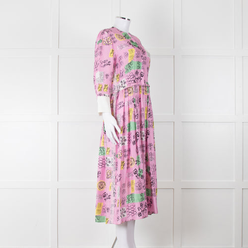Marni Pink Silk Patterned Dress With White Cuffs