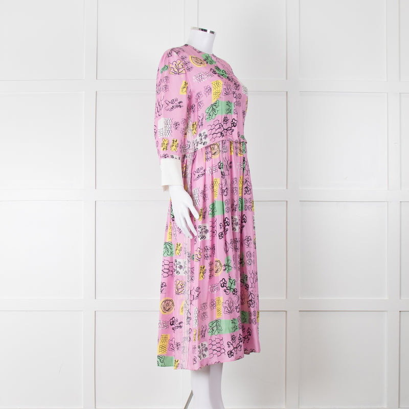 Marni Pink Silk Patterned Dress With White Cuffs