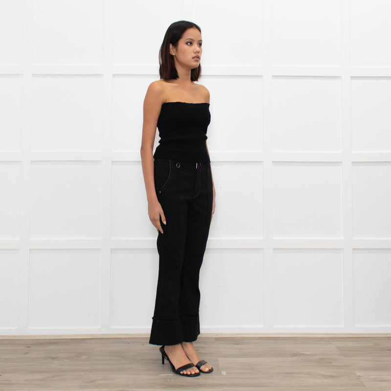 High Black Denim Flared Trousers