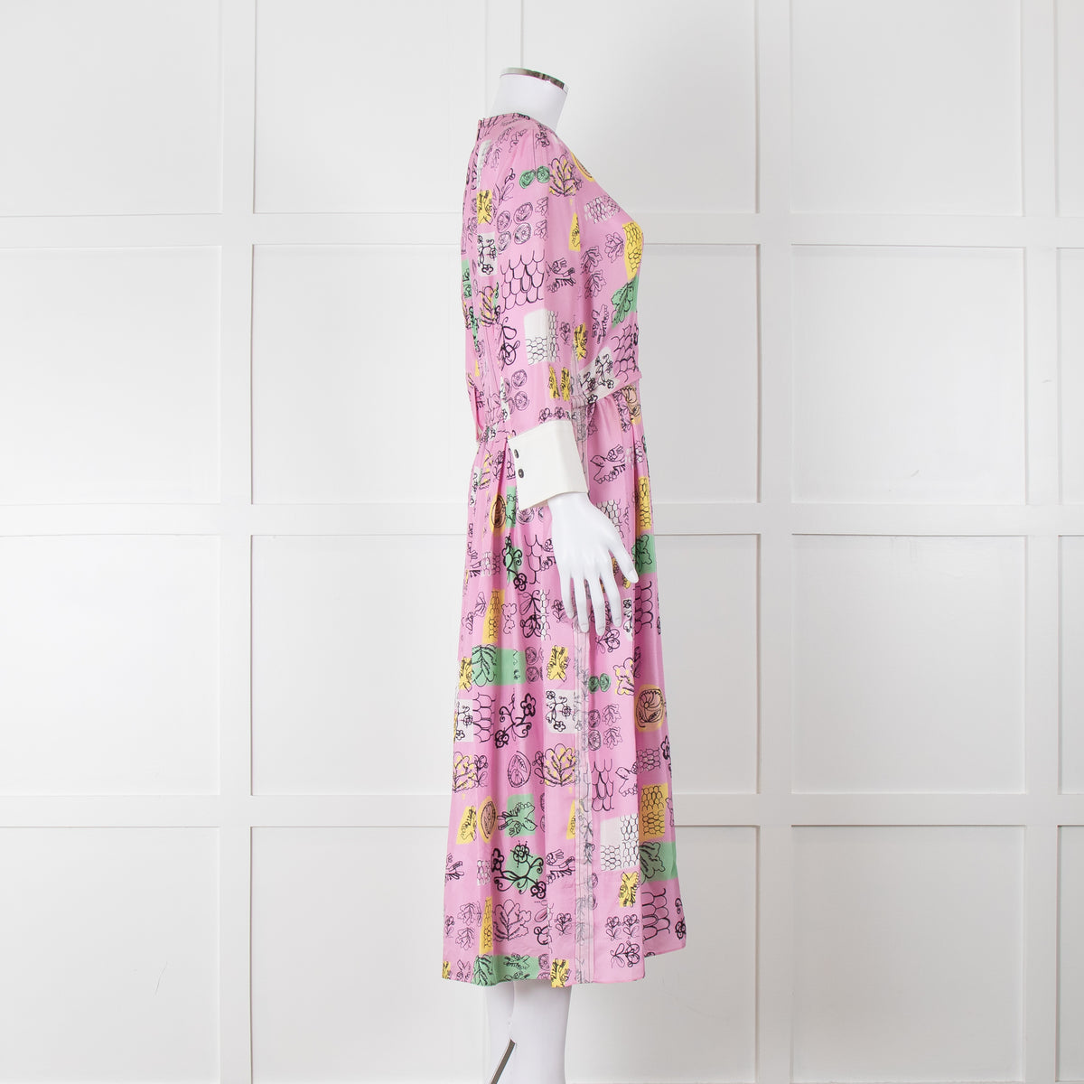 Marni Pink Silk Patterned Dress With White Cuffs