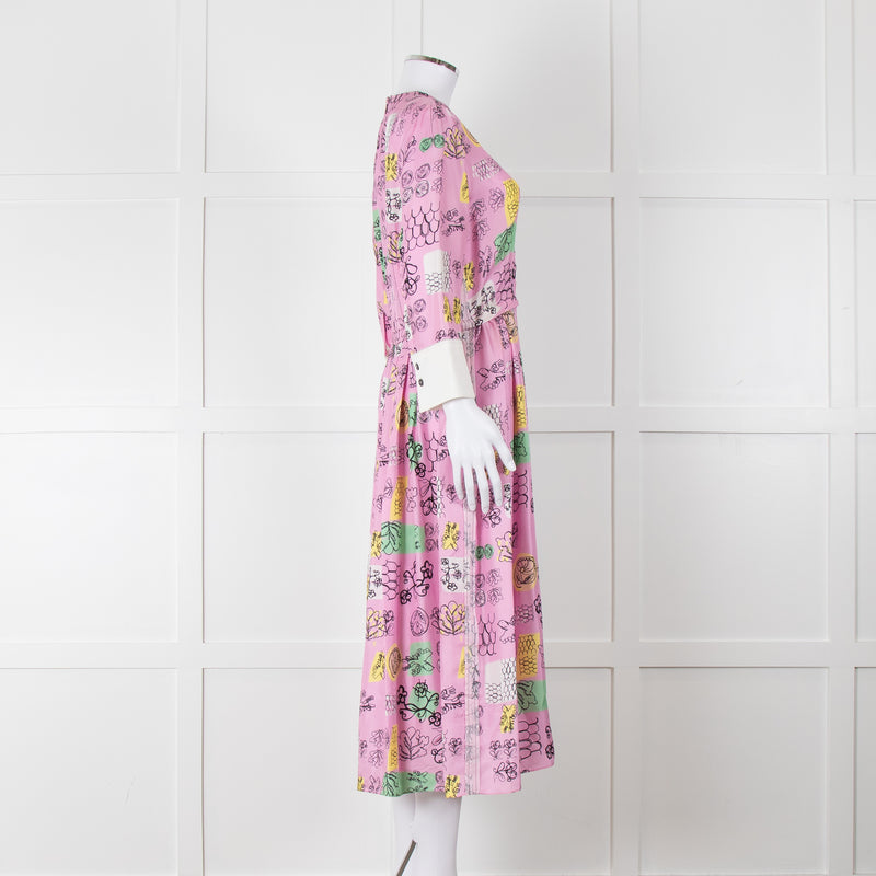 Marni Pink Silk Patterned Dress With White Cuffs