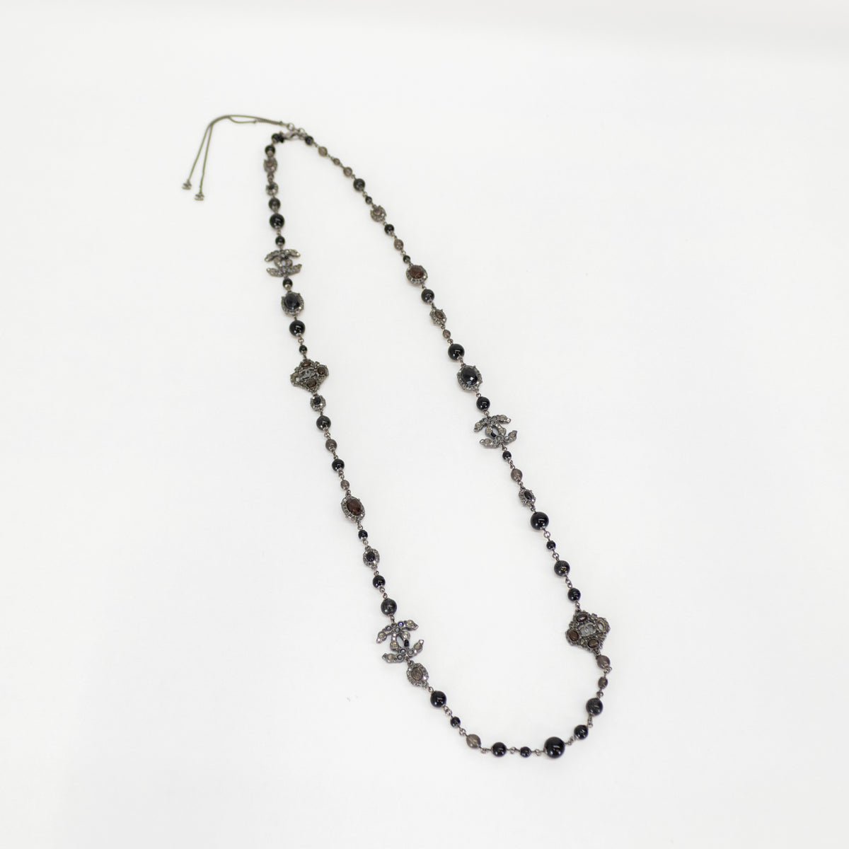 Chanel Gunmetal Silver Pearl Diamante CC Long Necklace