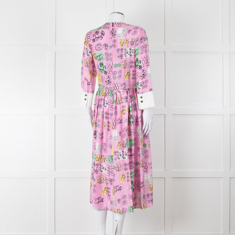 Marni Pink Silk Patterned Dress With White Cuffs