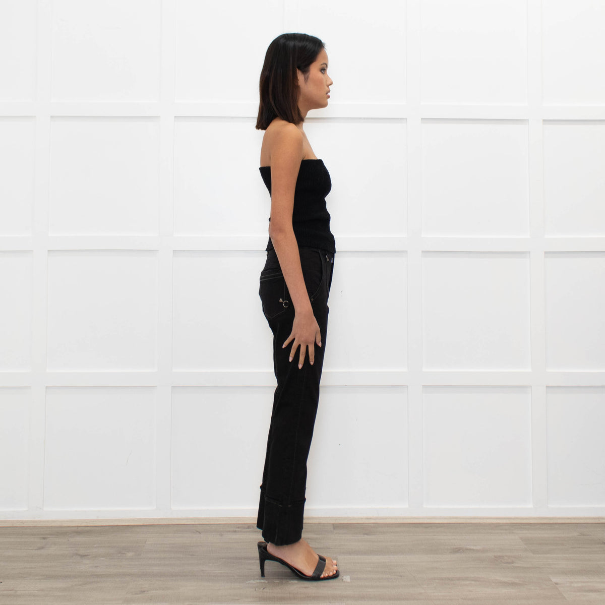 High Black Denim Flared Trousers