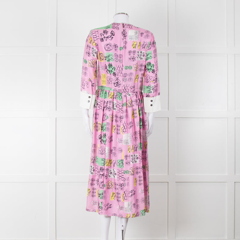 Marni Pink Silk Patterned Dress With White Cuffs