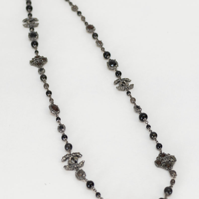 Chanel Gunmetal Silver Pearl Diamante CC Long Necklace