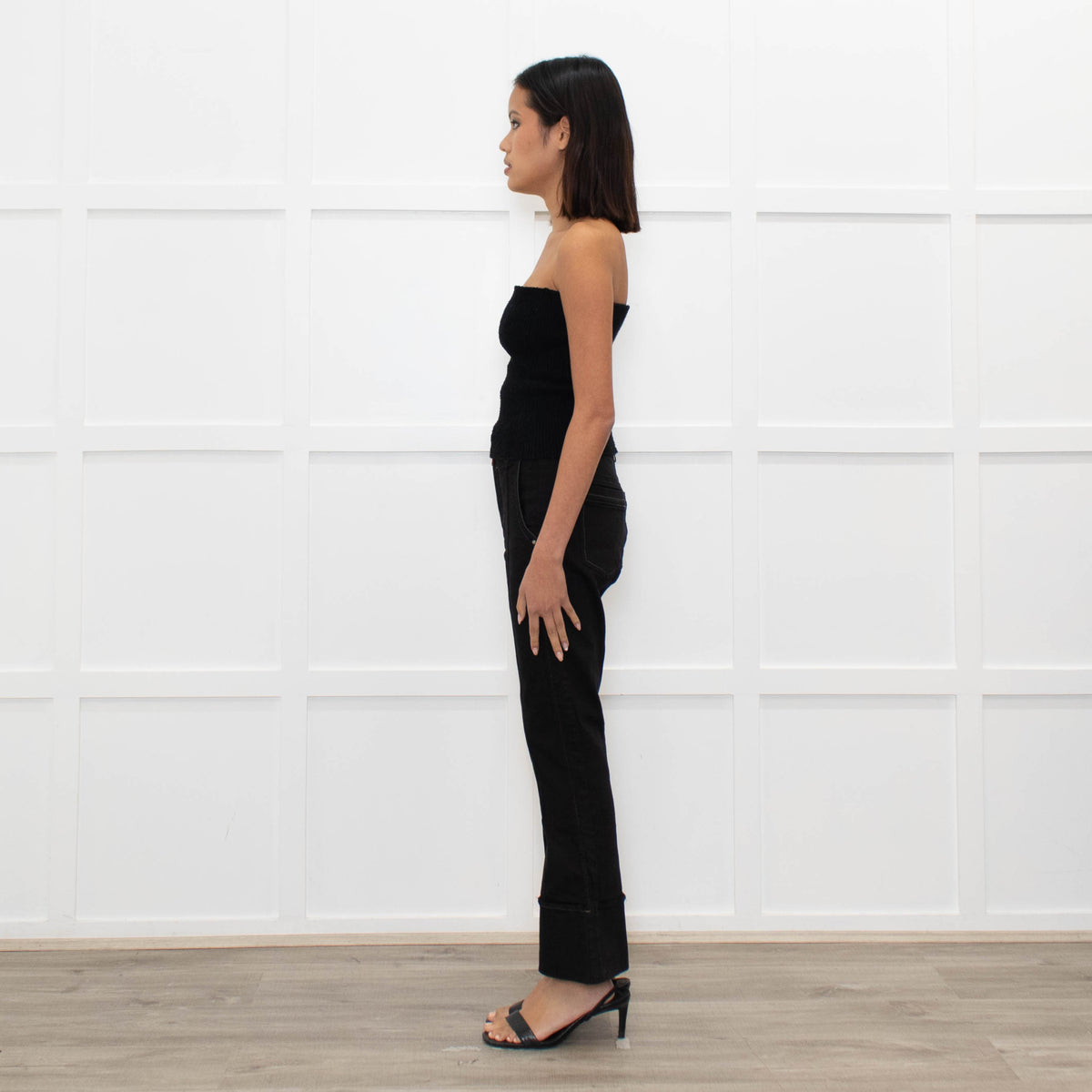 High Black Denim Flared Trousers