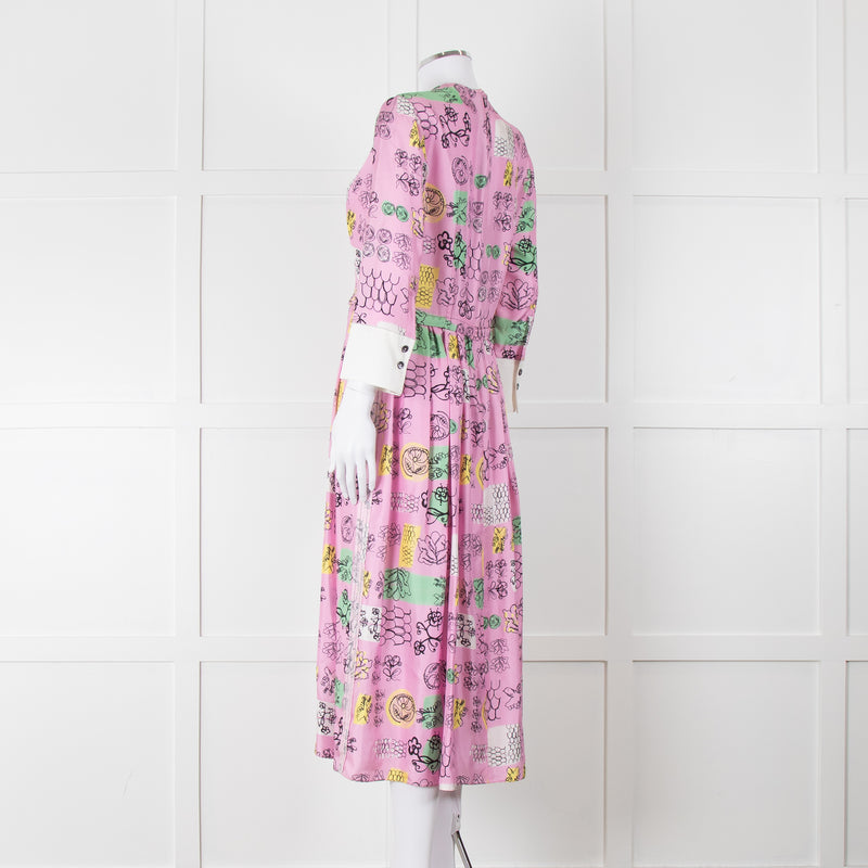 Marni Pink Silk Patterned Dress With White Cuffs