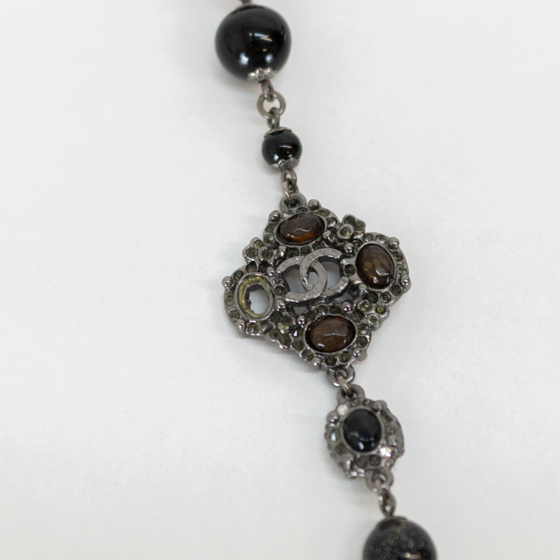 Chanel Gunmetal Silver Pearl Diamante CC Long Necklace