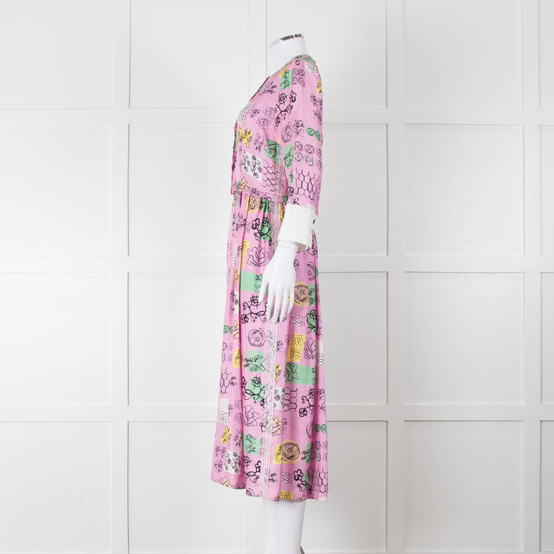 Marni Pink Silk Patterned Dress With White Cuffs