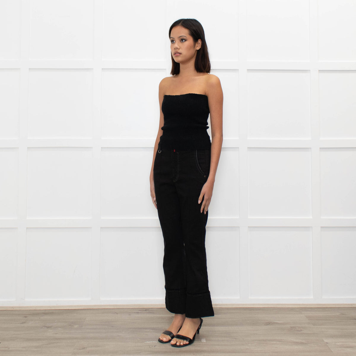 High Black Denim Flared Trousers