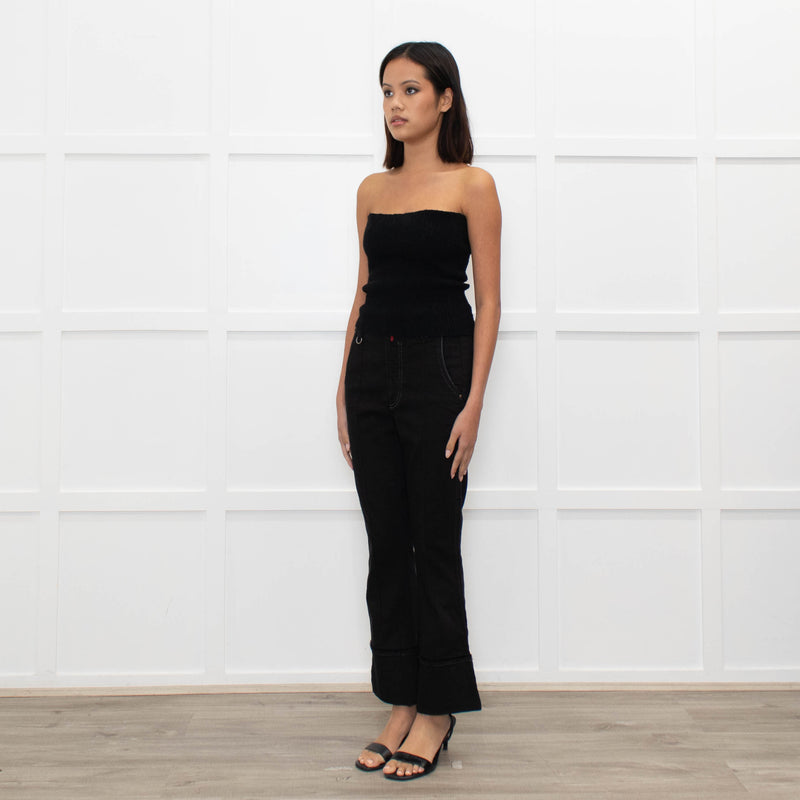 High Black Denim Flared Trousers