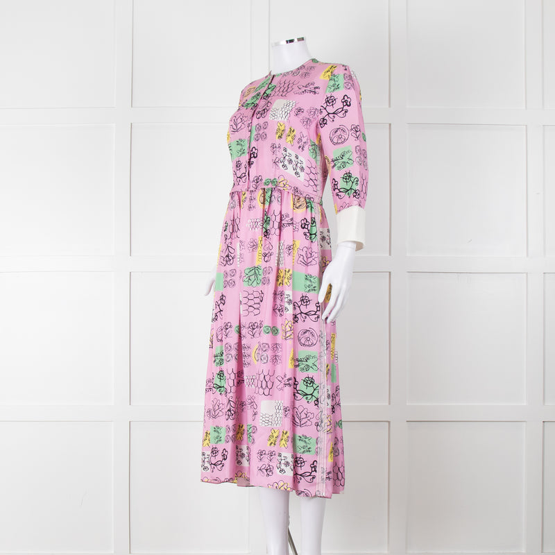 Marni Pink Silk Patterned Dress With White Cuffs