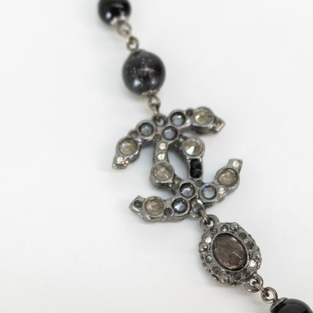 Chanel Gunmetal Silver Pearl Diamante CC Long Necklace