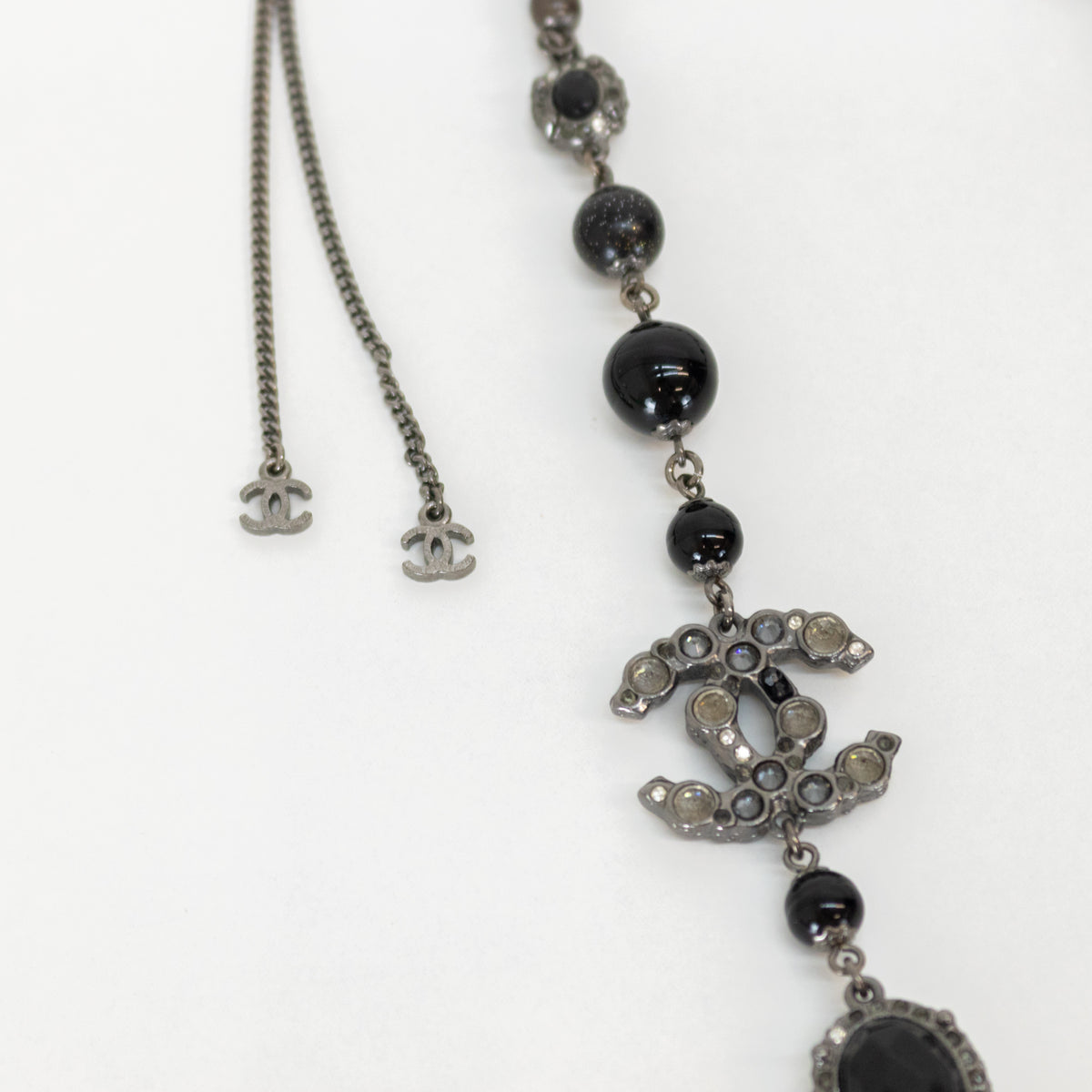 Chanel Gunmetal Silver Pearl Diamante CC Long Necklace