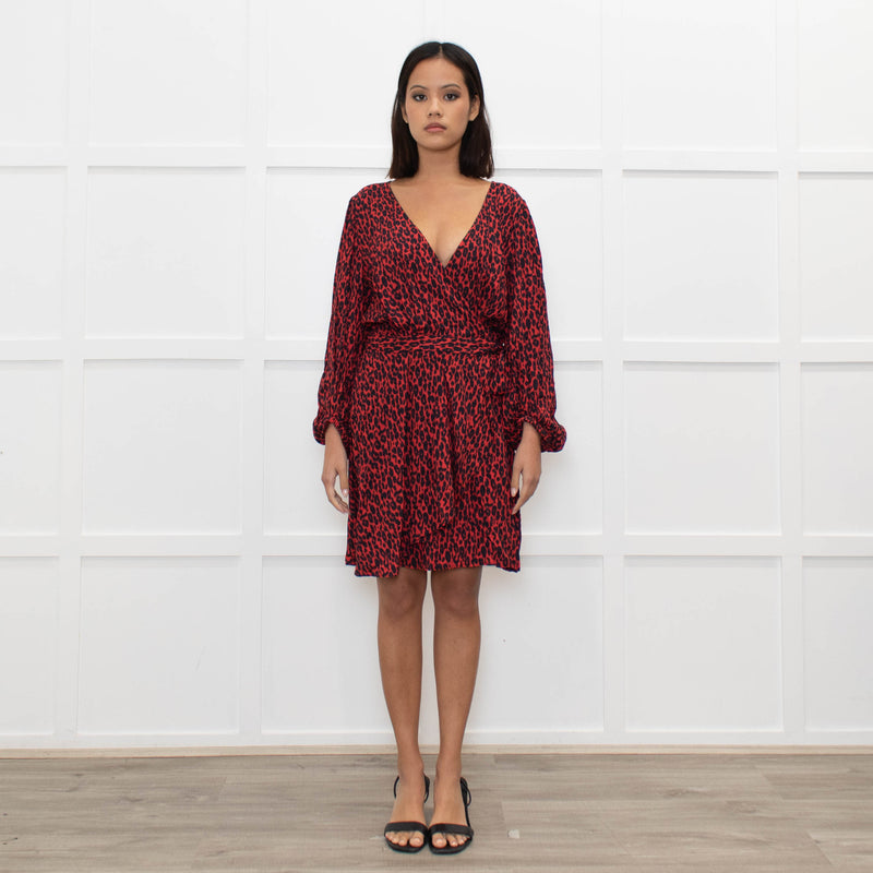 Iro Red Black Animal Print Wrap Mini Dress