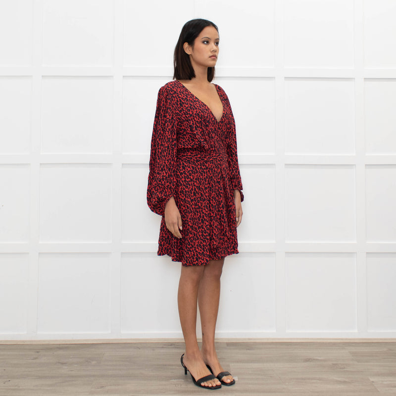 Iro Red Black Animal Print Wrap Mini Dress