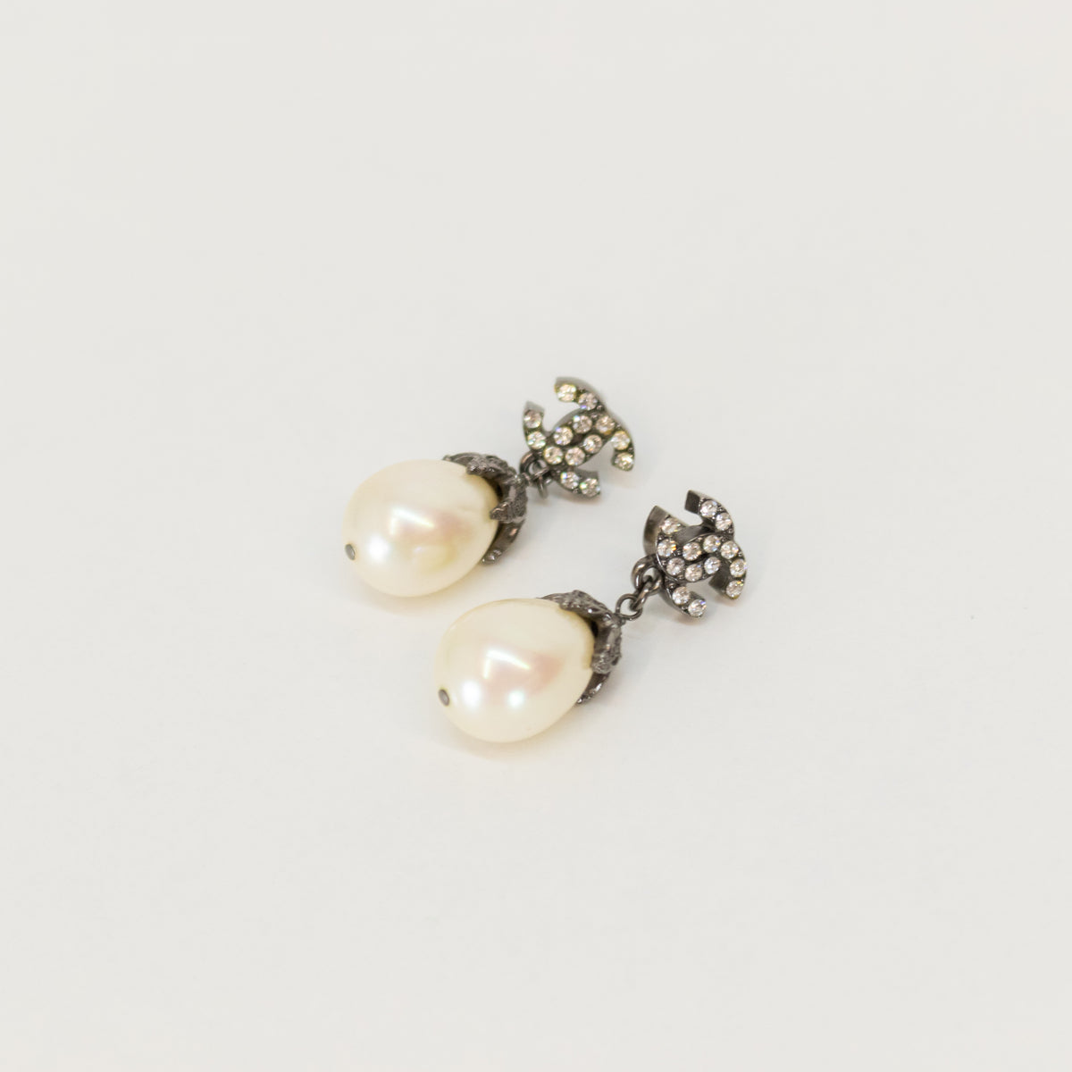Chanel Dark Silver Rhinestone CC Pearl Drop Earrings
