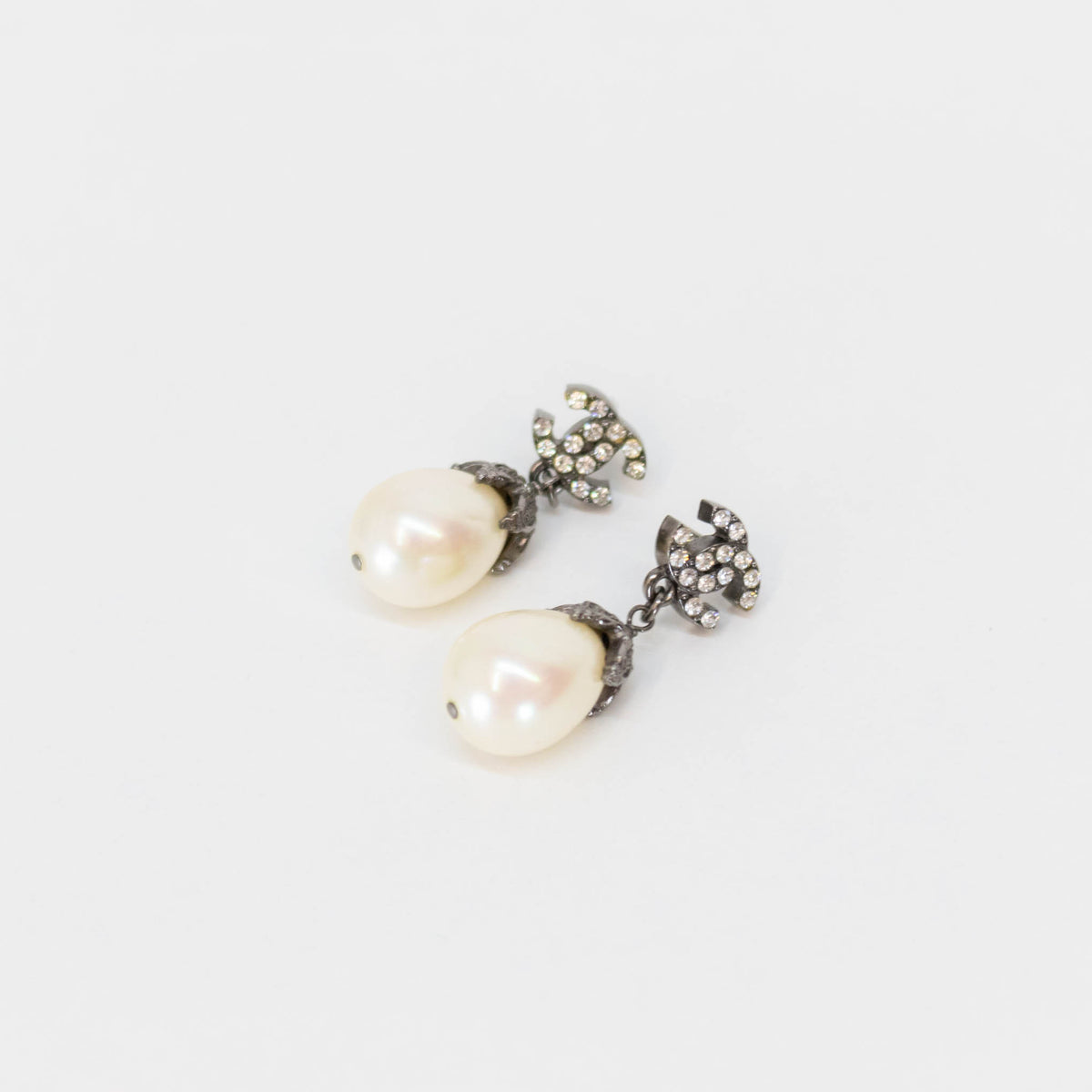Chanel Dark Silver Rhinestone CC Pearl Drop Earrings