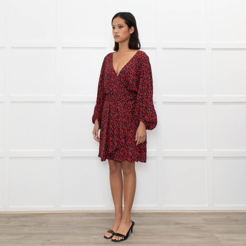 Iro Red Black Animal Print Wrap Mini Dress