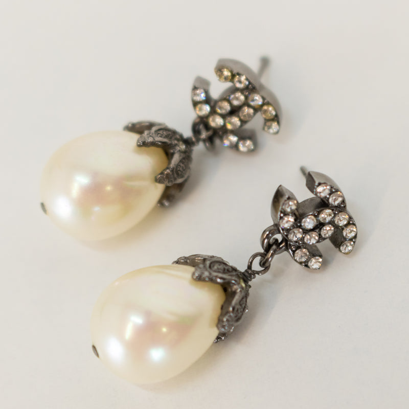 Chanel Dark Silver Rhinestone CC Pearl Drop Earrings