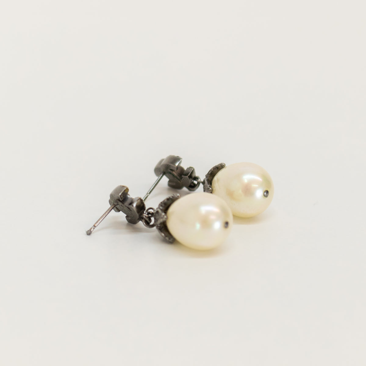 Chanel Dark Silver Rhinestone CC Pearl Drop Earrings