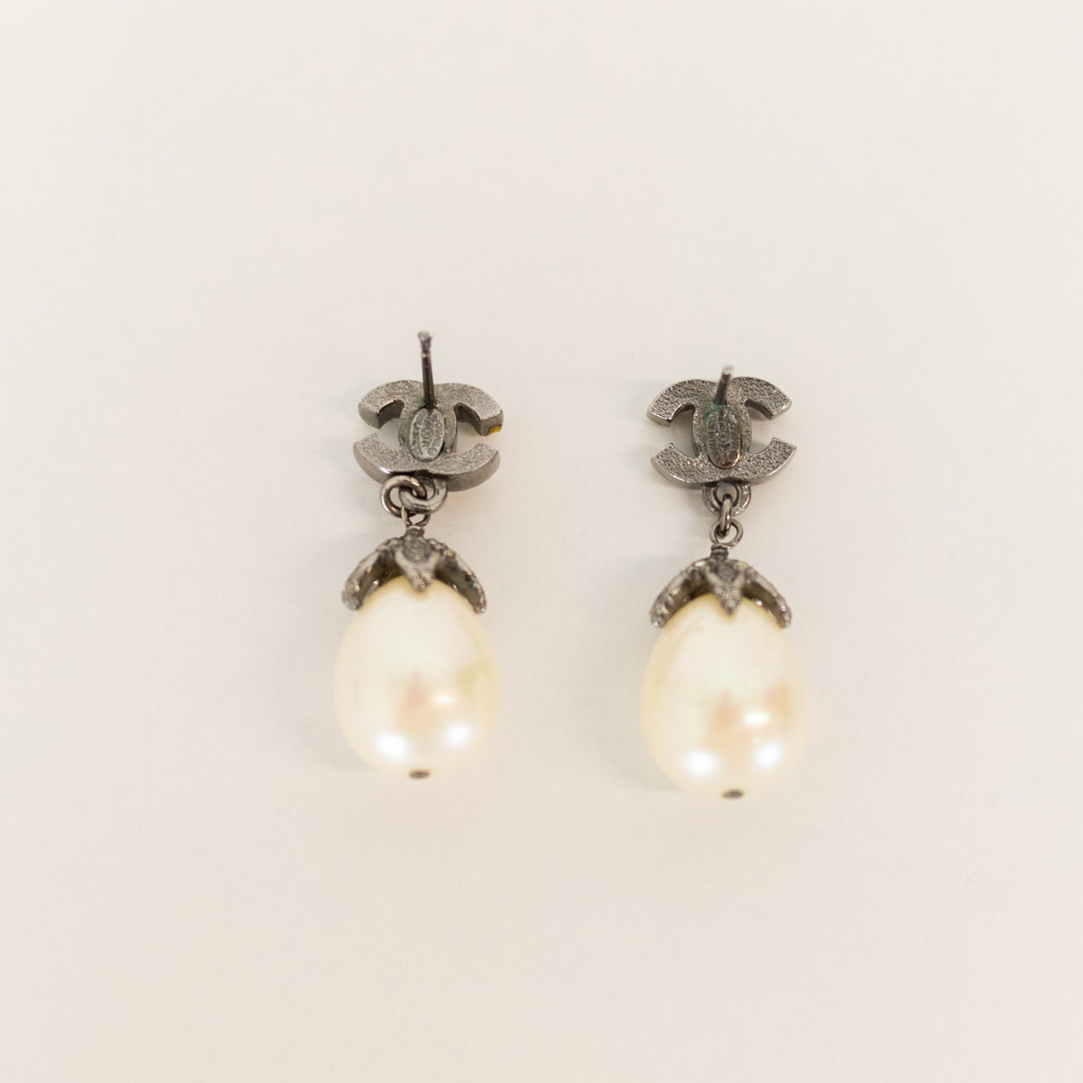 Chanel Dark Silver Rhinestone CC Pearl Drop Earrings