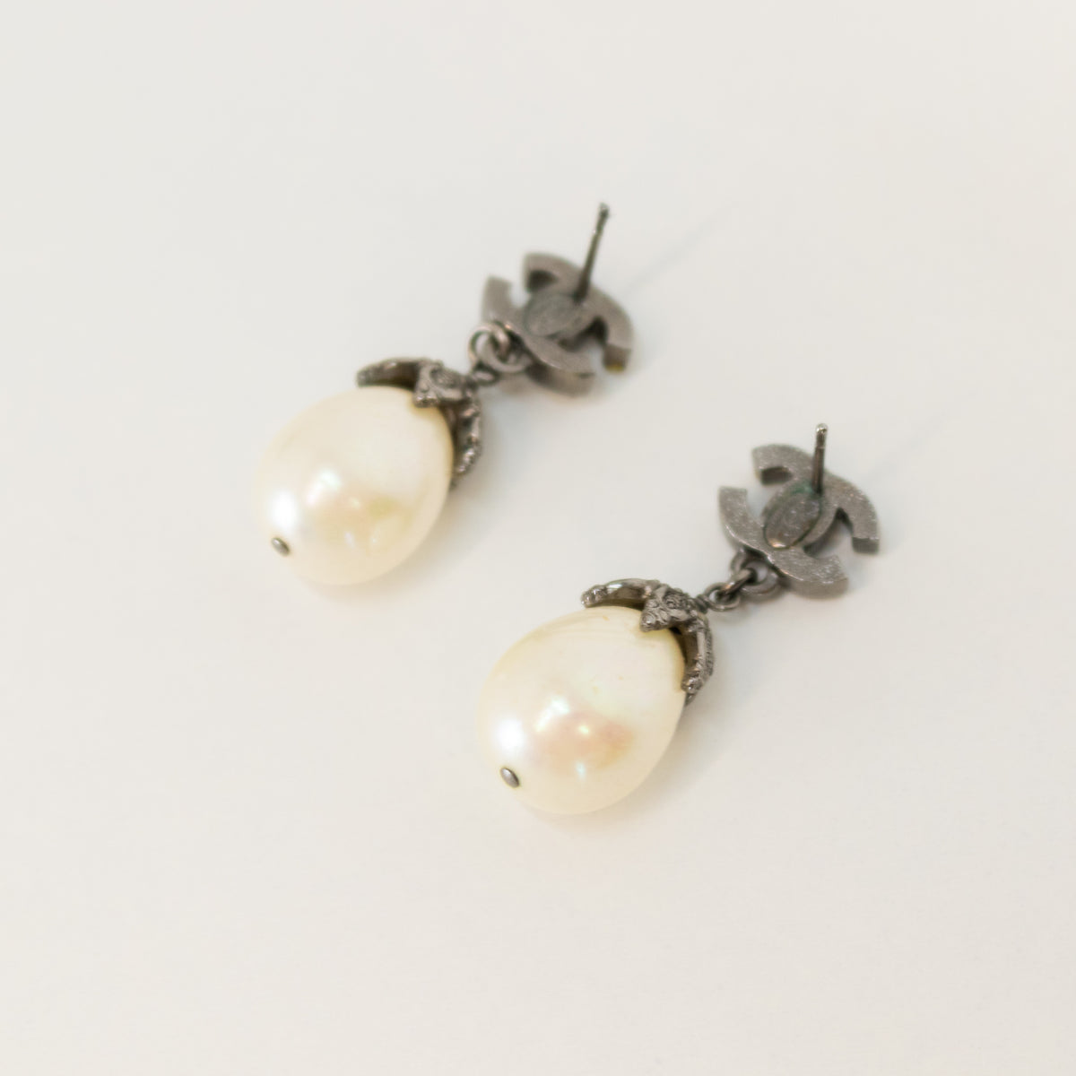 Chanel Dark Silver Rhinestone CC Pearl Drop Earrings