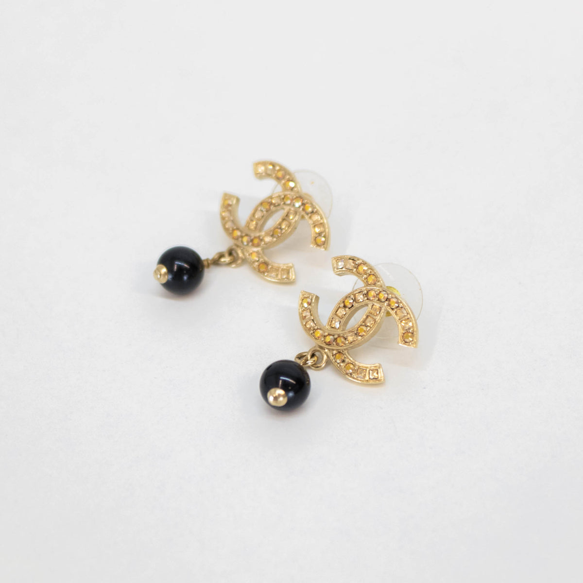 Chanel Gold Black Crystal CC Drop Earrings