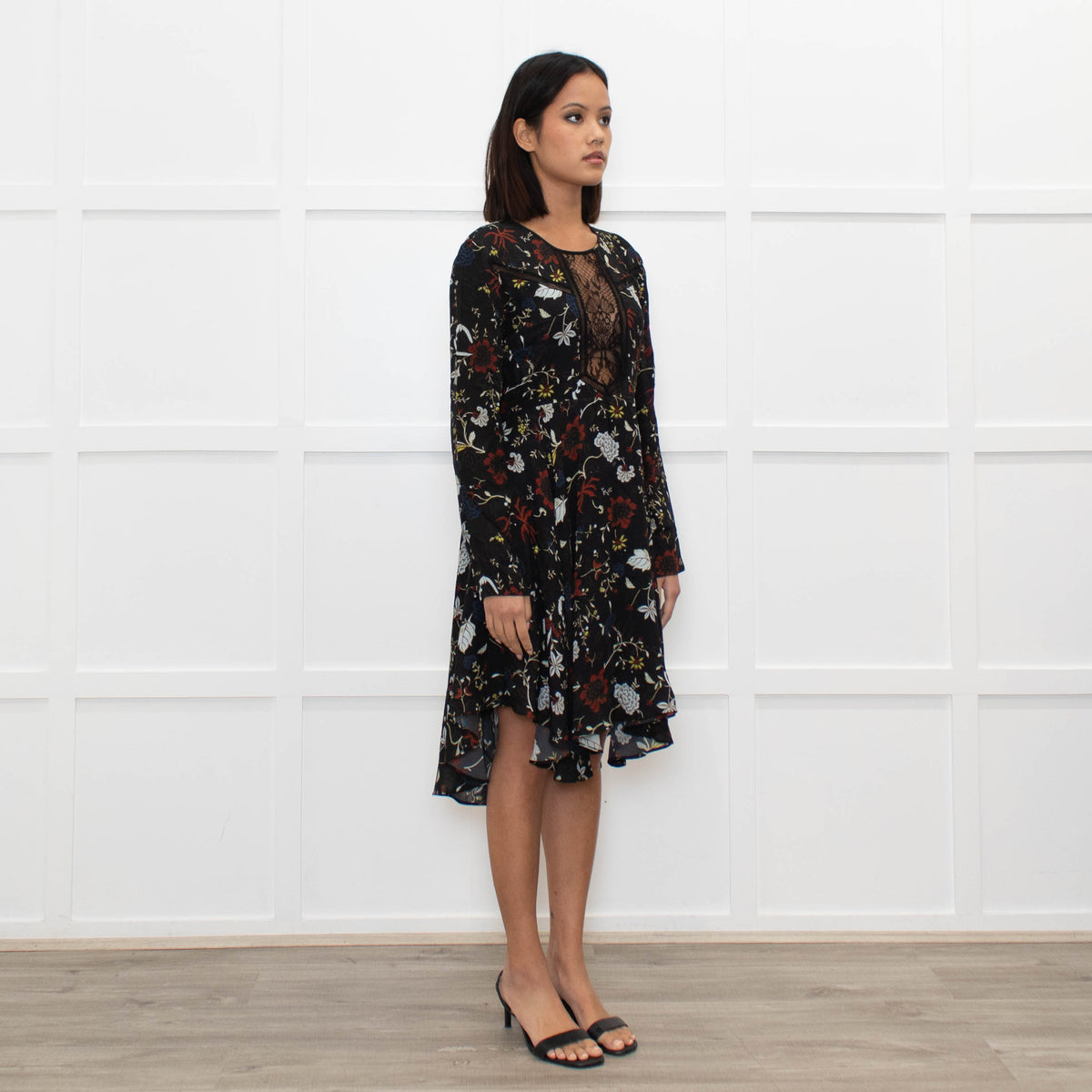 A.L.C Black Floral Long Sleeve Lace Detail Dress