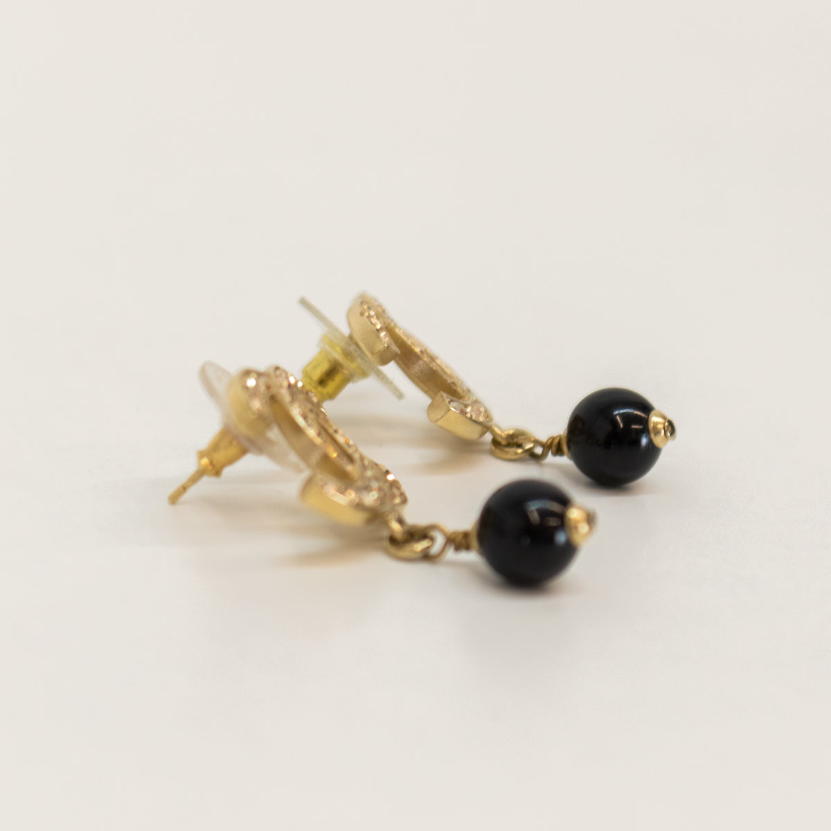 Chanel Gold Black Crystal CC Drop Earrings